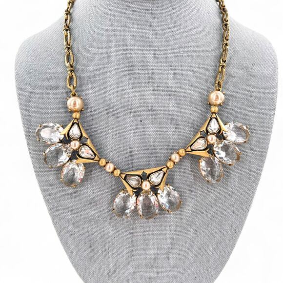 J Crew Clear Rhinestone Triad Statement Necklace Antique Brass - Picture 1 of 6